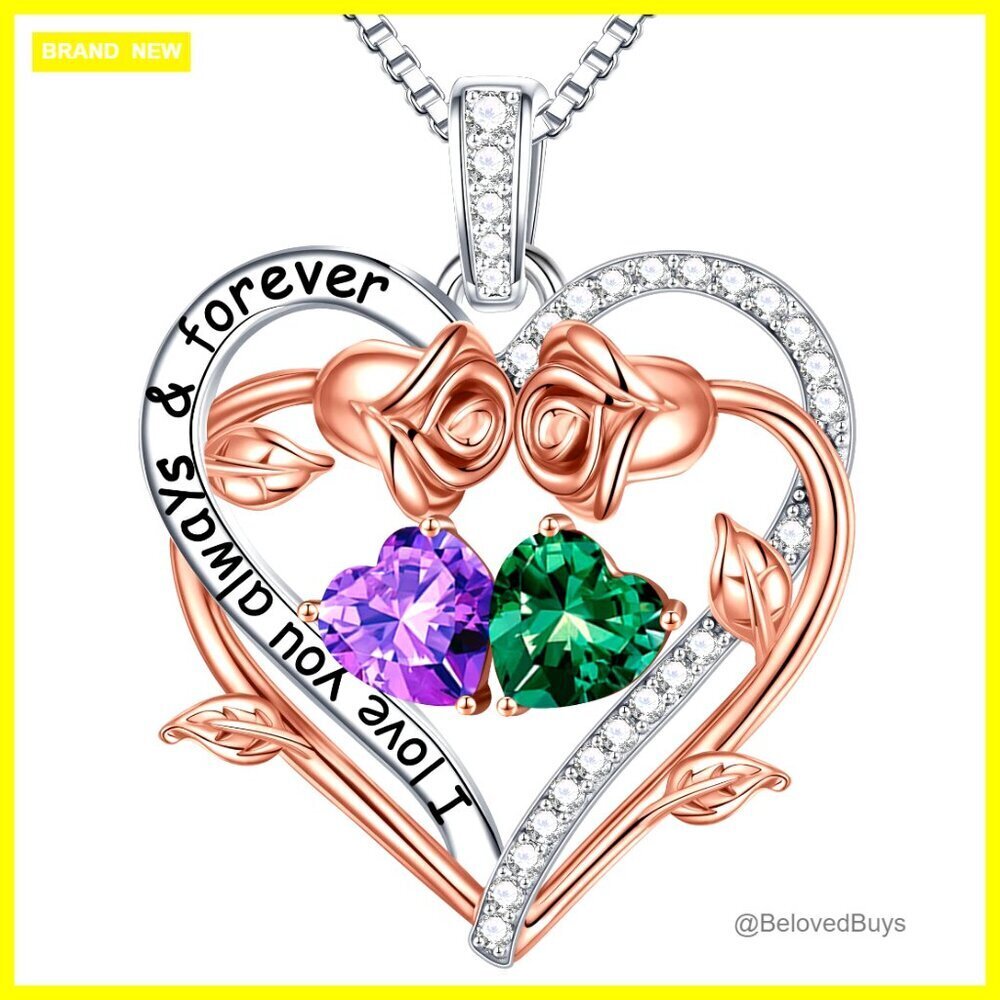 Sterling Silver Double Heart Birthstone Necklace with Rose Design